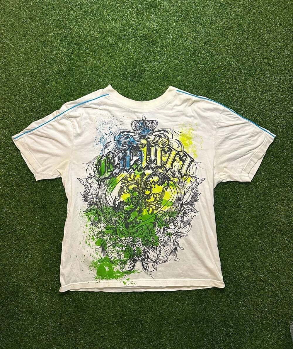 Y2K 2000s Bugle Boy Graphic T-Shirt Size L White Blue Green Crown Print Cotton